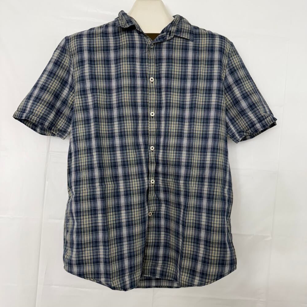 John Varvatos Shirt Mens XL Blue Plaid Short Sleeve Button Up Casual Travel Work
